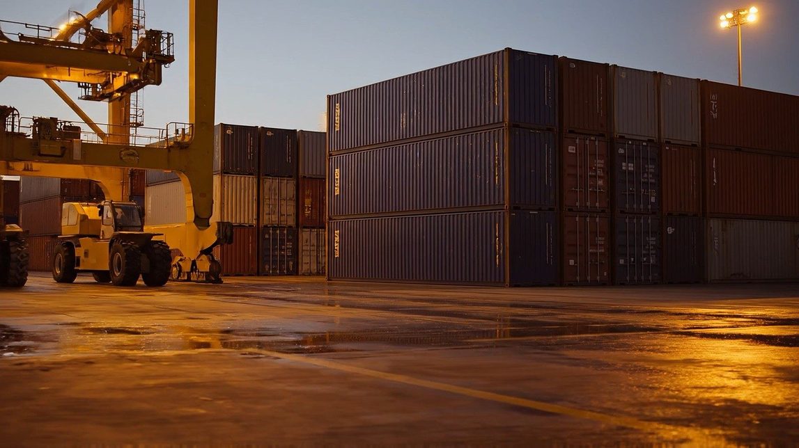 Shipping containers in a freight yard at dusk