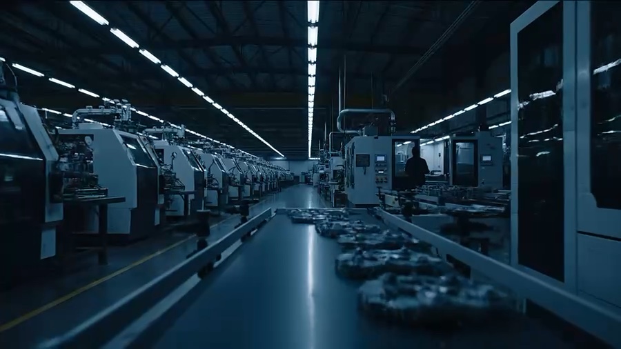 Rows of production machines beside a conveyor on a dimly lit factory floor